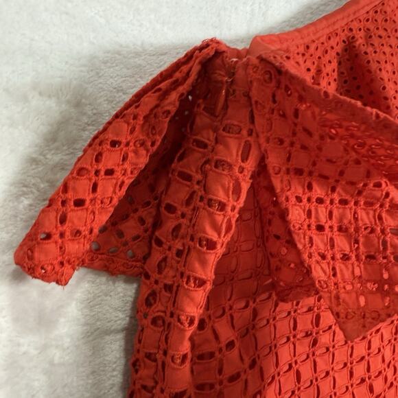 J Crew Top Red Eyelet Blouse Ruffle Lined Off the Shoulder Women's Size 4 - Picture 6 of 10